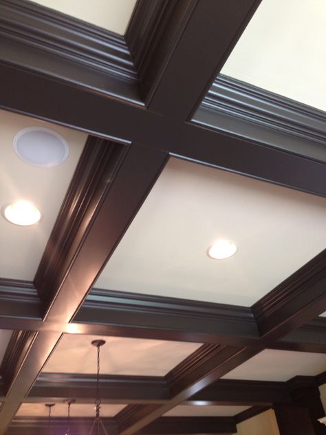 Ceiling Coffer Lighting, Ceiling Coffered Modern, Wood Plank Coffered Ceiling, Coffered Ceiling Dark Wood, Reclaimed Wood Coffered Ceiling, Wood Coffered Ceiling, Unfinished Basement Ceiling, Craftsman Living Room, Pop Ceiling Design