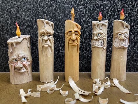 Weird Candles, Wood Carving Art Sculpture, Handmade Wood Crafts, Dremel Crafts, Carved Candles, Wood Carving Faces, Hand Carved Walking Sticks, Dremel Carving, Simple Wood Carving