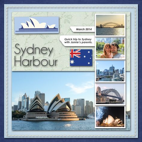 Layout created by Felicity Farnsworth #Australia #Sydney #travelscrapbooking #Aussie #operahouse #SydneyHarbourBridge #digitalscrapbooking Simple Scrapbooking Layouts, Scrapbooking Layouts Travel, Wedding Scrapbooking Layouts, Anniversary Scrapbook, Travel Scrapbook Pages, Travel Journal Scrapbook, Scrapbooking Layouts Baby, Travel Album, Vacation Scrapbook