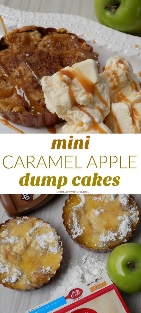 Mini Caramel Apple Dump Cakes Recipe - Have you ever made a dump cake? These are… Mini Dump Cake, Apple Carmel Dump Cake, Fall Bake Sale Ideas Easy, Bariatric Desserts, Apple Dump Cake Recipe, Taffy Apple, Mini Sweets, Caramel Apple Dump Cake, Mini Baking