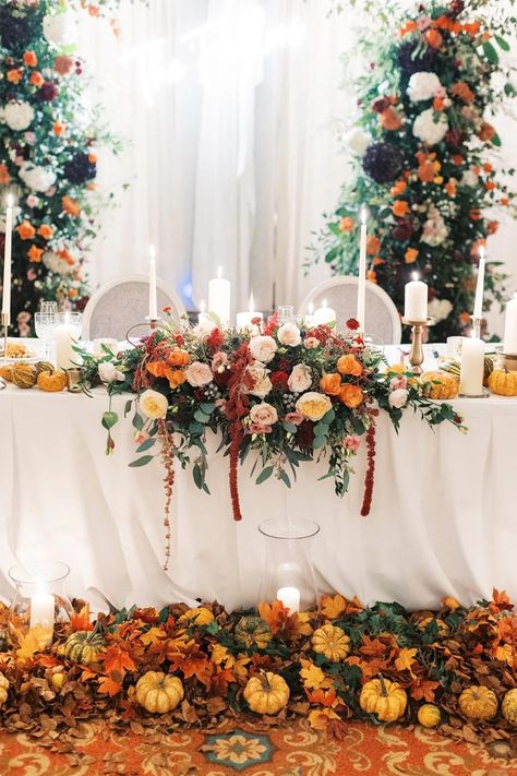 Fall Ceremony Decorations, Indoor Fall Wedding, Autumn Wedding Decor, Wedding Table Place Settings, Head Table Wedding Decorations, Fall Ceremony, Magical Autumn, Autumn Celebration, Fall Wedding Decor