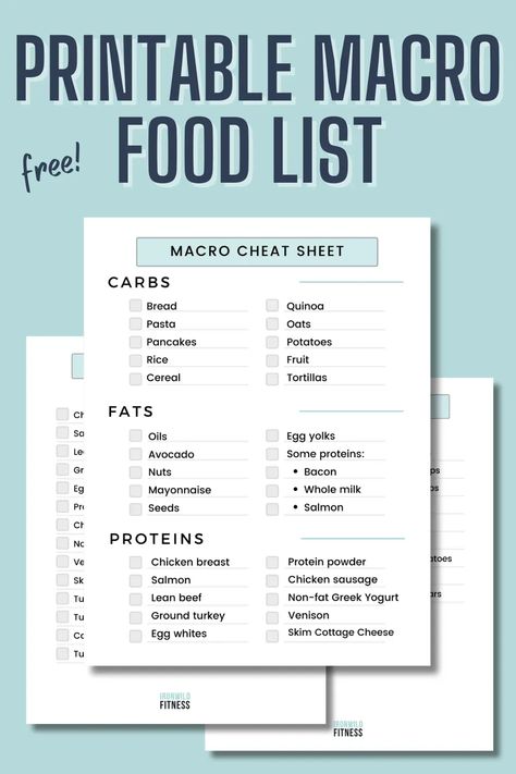 Printable Macro Food List - Download a free macro cheat sheet PDF and grocery list! Macro Grocery List, Macro Friendly Grocery List, Macro Food List, Macro Tracker, Macro Food, Macro Meal Plan, Macro Nutrition, Track Calories, Macros Diet