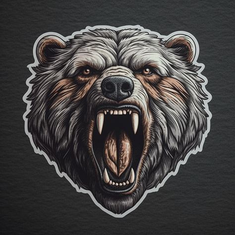 The roaring bear sticker captures the intense moment of a bear's fierce roar. Gray, brown colors and intricate details showcase its power, making it a striking and captivating addition to any surface. Bear Head Tattoo Design, Bear Head Tattoo, Flash Tatoos, Tattoo Bear, Roaring Bear, Tattoo Character, Bear Tattoo Designs, Bear Artwork, Bear Sticker