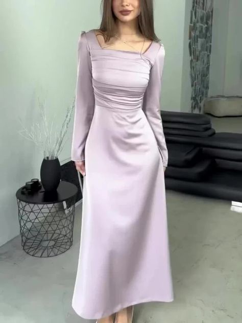 Frech Sweety Women's Dress Satin Mercerization Violet Solid Long Sleeve Folds Lace-up Square Neck Sleeve Folds, Satin Dresses Long, Satin Dresses Long Sleeve, Graduation Dresses, Organza Dress, Simple Diamonds, Slim Dress, Muslim Fashion Outfits, Tie Waist Dress