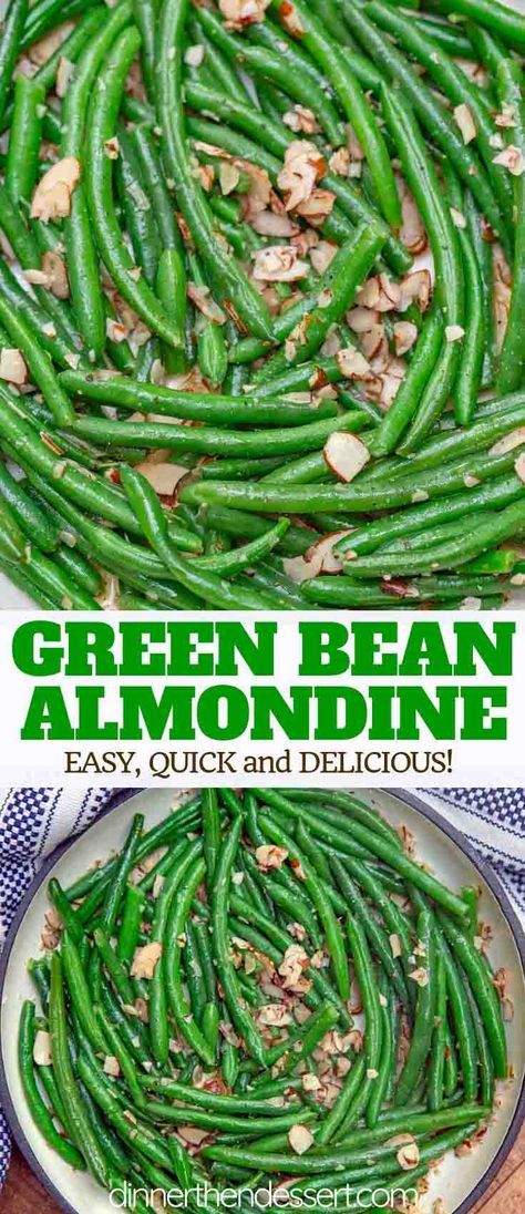 Green Bean Almondine is the PERFECT side dish made with crunchy sautéed green beans topped with buttery toasted almonds and fresh lemon juice, ready in under 15 minutes! #greenbeans #easter #christmas #holidays #almonds #simple #dinnerthendessert Green Bean Dishes, Green Beans With Almonds, Green Beans Almondine, Dinner Then Dessert, Easter Side Dishes, Sauteed Green Beans, Soup Appetizers, Tortellini Soup, Green Bean Recipes