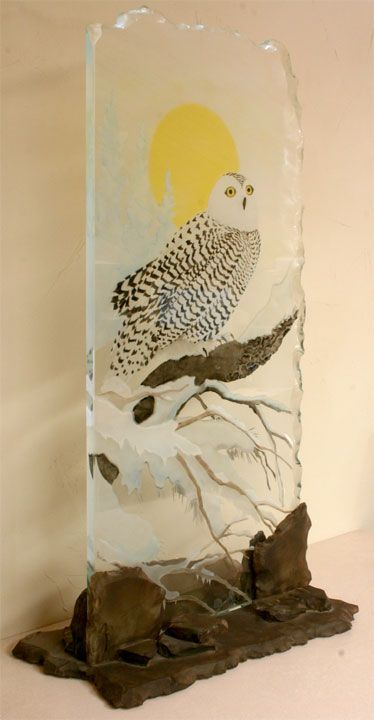 Sculpture: 3/4" thick starfire clear glass    Deeply carved and painted in a winter forest scene with a full Harvest Moon and a magnificent Snowy Owl. Perfect for a sculpture niche or window.  One of a kind signed original by Melissa Paxton   Coyote Glass Design Snow Owl Stained Glass Pattern, Stained Glass Birch Trees, Snowy Owl Stained Glass Pattern, Owl Glass Painting, Kiln Carving, Stained Glass Forest Scene Window, Full Harvest Moon, Slumped Glass, Incredible Art