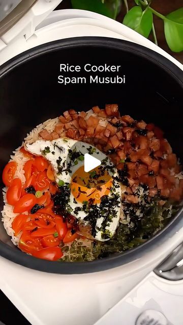 Jaida Ow on Instagram: "Rice Cooker Spam Musubi 🥓🤤

🥣 Ingredients:
2 cups Rice
1/2 to 1 can Spam, sliced into cubes
1 cup Cherry Tomatoes, halved
2-3 Green Onions, chopped
1 Egg (optional, but compulsory for me hehe)
2 tbsp Sugar
2 tbsp Soy Sauce

📝 Steps:
1. Slice Spam into cube-sized pieces.
2. Press the “cook” button on the rice cooker and fry the Spam until golden brown.
3. Pour soy sauce into the rice cooker. Remove the cooked Spam.
4. In the rice cooker, add washed rice, cooked Spam, cherry tomatoes, and green onions. Press the “cook” button.
5. Optionally, crack an egg into the rice cooker or fry an egg separately. 
6. Mix the ingredients well. Garnish with green onions, seaweed flakes, and chili oil." Spam Rice, Fried Rice In Rice Cooker, Spam Eggs And Rice, Egg Fried Rice In Rice Cooker, Rice Cooker Meals, Rice Cooker Fried Rice, Spam Musubi Recipe, Musubi Recipe, Spam Fried Rice