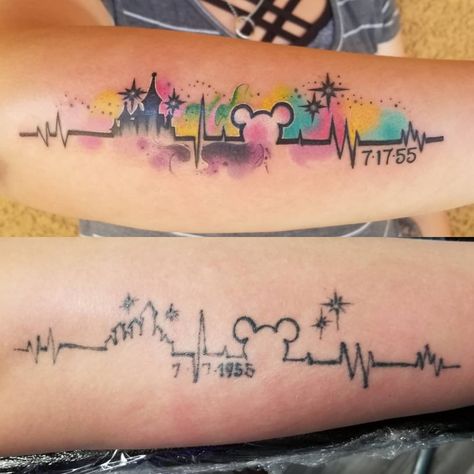 Disney Tattoo Ideas Watercolor, Disney Castle Heartbeat Tattoo, Disney Heartbeat Tattoo, Disney Theme Tattoos, Disney Matching Tattoos Friends, Disney Tattoos Watercolor, Disney Forearm Tattoo, Run Disney Tattoo, Couples Disney Tattoos