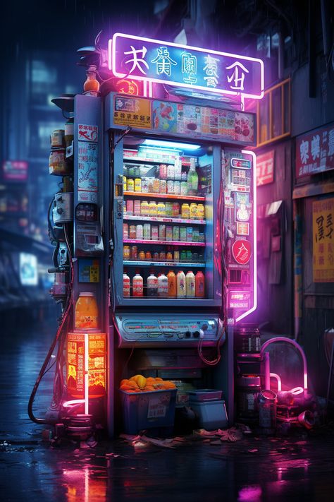 Cyberpunk 3d Art, Neon Vending Machine, Cyberpunk Studio Apartment, Cyberpunk Painting Acrylic, Cyberpunk Signs, Retro Cyberpunk Aesthetic, Cyberpunk Vending Machine, Cyberpunk City Concept Art, Cyberpunk Architecture