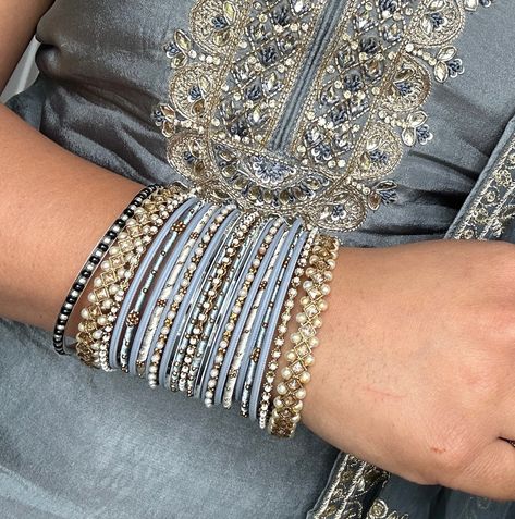 As seen on instagram, gorgeous grey bangle set This set can also be customised in a range of colours The price stated is for 2 bangle sets so you have one set for each arm Classy set to go with any Asian outfit for any function The base of each bangle is made from metal and is quality checked before dispatched Beautifully wrapped in cellophane & tissue paper as well as packaged in a luxury branded gift box to keep your bangles safe Available in multiple colours Available in 2 sizes (Size 2.6, 2. Grey Bangles Set, Bridal Jewlery, Silk Bangles, Classic Bangles, Indian Bangles, Womens Bangles, Silk Thread Bangles, Handbag Essentials, Thread Bangles