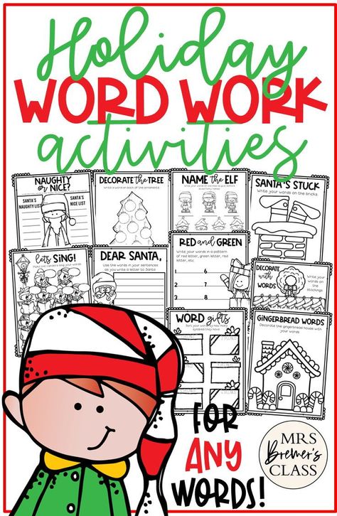 Christmas Holiday themed spelling practice word work activities for ANY words in Kindergarten First Grade Second Grade Third Grade Spelling Practice Activities, Spelling Word Activities, Spelling Word Practice, Sight Words Kindergarten Activities, Word Work Kindergarten, First Grade Words, Dolch Words, First Grade Sight Words, Holiday Words