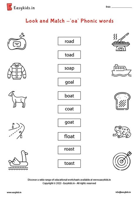 Look And Match -'oa' Phonic Words Worksheet 365 Oa Phonics Worksheet, Oa Words Worksheet, Oa Phonics, Oa Words, Vowel Teams Worksheets, Plurals Worksheets, Words Worksheet, Toddler Lessons, O Words