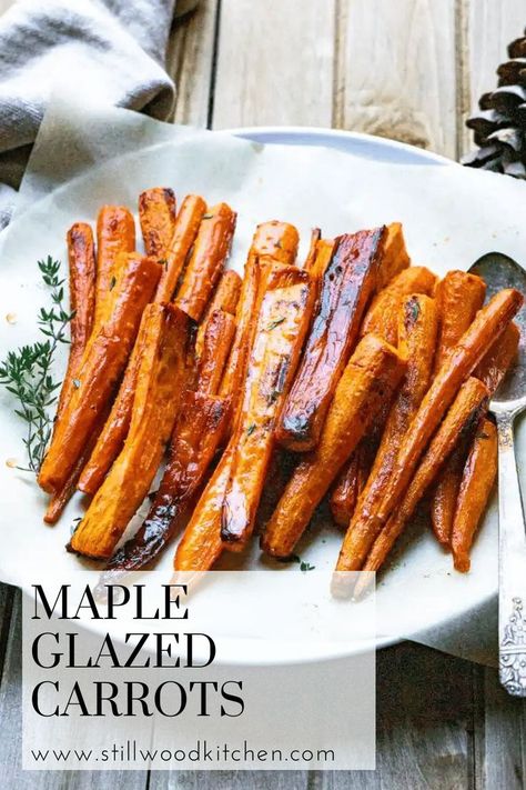 roasted carrots on a platter with a spoon Roasted Glazed Carrots, Maple Roasted Carrots, Maple Glazed Carrots, Glazed Carrots Recipe, Roasted Carrots Recipe, Thanksgiving Recipes Side Dishes, Baked Vegetables, Holiday Dinners, Glazed Carrots