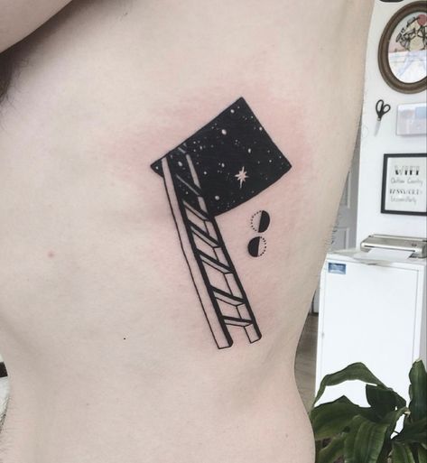 Ladder To The Stars Tattoo, Cabin Tattoo Design, Stairs Tattoo Design, Doorway Tattoos, Black Rectangle Tattoo, Portal Tattoo Ideas, Door Tattoos, Doorway Tattoo, Telescope Tattoo