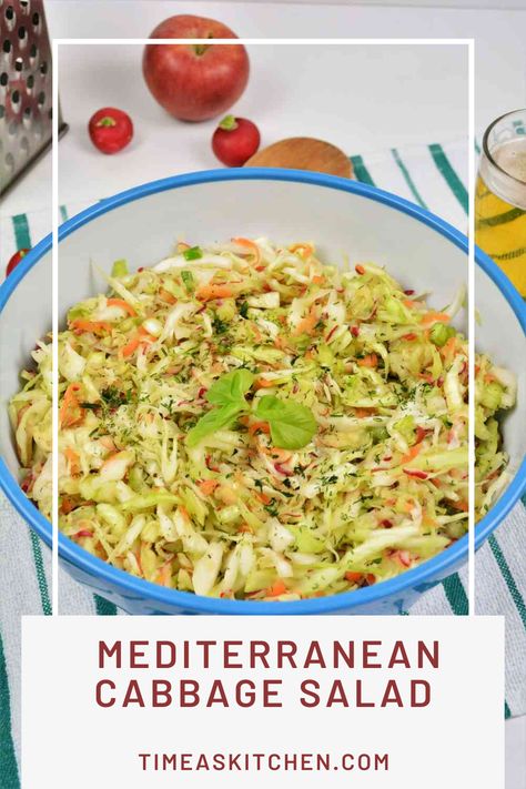 Mediterranean Cabbage Salad Served in the Bowl Mediterranean Cabbage Salad, Greek Cabbage, Cabbage Salads, Recipe With Cucumber, Mediterranean Salads, Cabbage Salad Recipe, Salad Mediterranean, Cabbage Salad Recipes, Yummy Salads