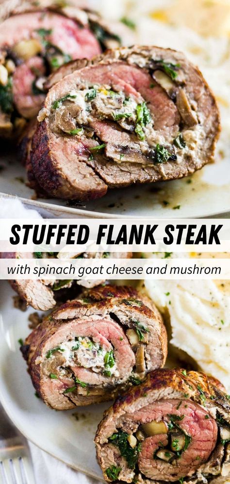 Cheesy Spinach And Mushroom Stuffed Steak Rolls, Steak And Goat Cheese Recipes, Flank Steak Roll Ups Recipes In Oven, Stuffed Flank Steak Recipes Goat Cheese, Rolled Stuffed Steak Recipes, Rolled Meat Recipes, Flank Steak Rolls Stuffed, Stuffed Flank Steak Recipes Grilled, Skirt Steak Roll Up Recipes