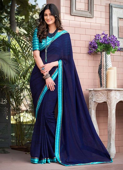 Navy Blue Georgette Saree Dark Blue Silk Saree, Navy Blue Saree, Blue Silk Saree, Chanderi Silk Saree, Satin Saree, Designer Sarees Online, Blue Saree, Cream Colour, Chiffon Saree