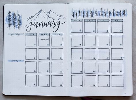 Month Spread Bullet Journal, Bullet Journal January Spread, January Monthly Spread, Journal 2025, Ballet Journal, Bullet Journal Work, Bullet Journal Monthly, Bujo Spreads, Bullet Journal Month