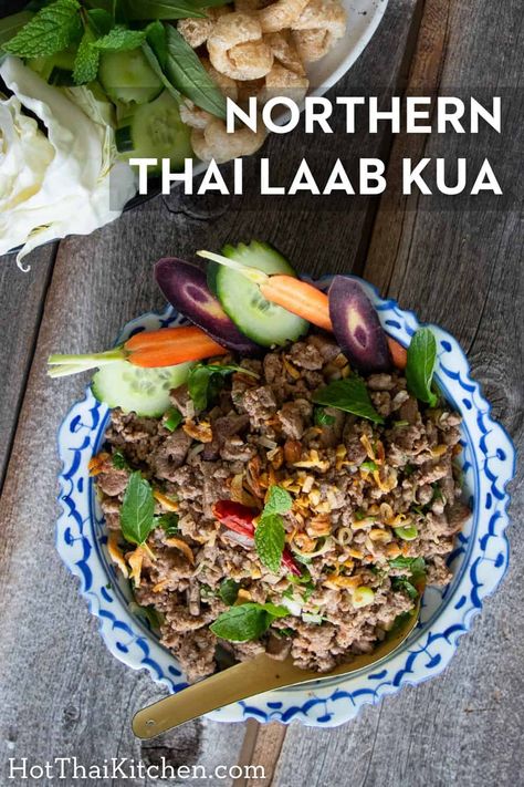 You've probably never seen this kind of laab before. An iconic dish of northern Thailand, ground pork mixed with loads of spices. Laab Recipe, Thailand Recipes, Lao Recipes, Larb Recipe, Healthy Thai Recipes, Thai Recipes Authentic, Thai Salad, Thai Kitchen, Laos Food