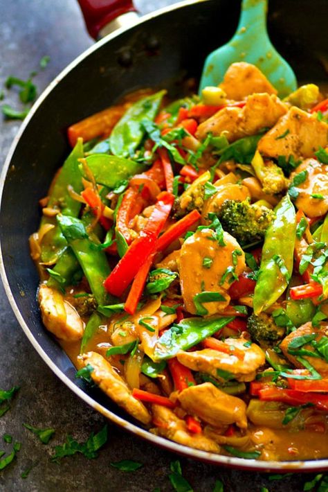 Peanut Satay Chicken, Peanut Satay, Satay Chicken, Peanut Chicken, Chicken Satay, Chicken Stir Fry, Vegetable Stir Fry, Peanut Sauce, Stuffed Sweet Peppers