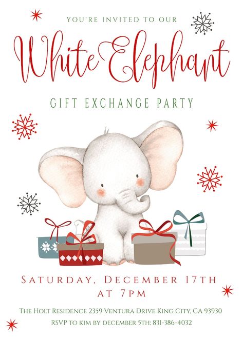 White Elephant Gift Exchange Party Template Set, Gift Exchange Invitation, Holiday Party Game Set, Christmas Party Kit, Instant Download - Etsy White Elephant Invitation, Gift Exchange Rules, Elephant Template, White Elephant Christmas, Gift Exchange Party, White Elephant Gift Exchange, Diy Holiday Party, Elephant Game, Christmas Party Invite