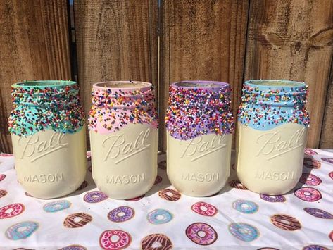 Ice Cream Mason Jars, Donut Party Decorations, Donut Theme Party, Ice Cream Party Theme, Donut Themed Birthday Party, Grown Up Parties, Donut Decorations, Birthday Donuts, Donut Birthday Parties