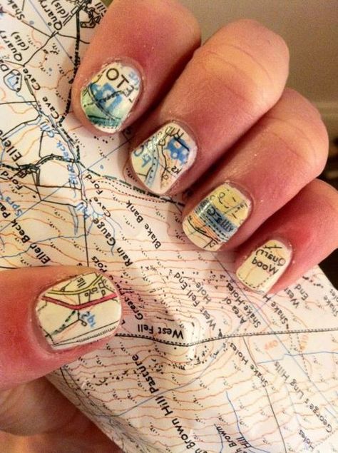 1.paint your nails white/cream 2.soak nails in alcohol for five minutes 3. press nails to map and hold VOILA!! 4. paint with clear protectant immediately after it dries  also works with newspaper, ect!! I LOVE THIS. Map Nails, Do It Yourself Nails, Fantastic Nails, Press Nails, Nails White, Clear Nail Polish, Clear Nails, Art Trends, Nail Art Summer