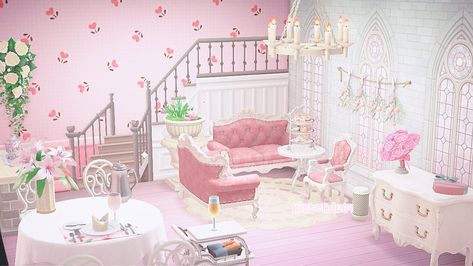 Acnh Pink Interior, Animal Crossing House Interior Ideas Pink, Animal Crossing Pink Interior, Pink House Animal Crossing, Acnh Pink Aesthetic, Acnh Living Rooms Ideas Pink, Acnh Pink Kitchen, Animal Crossing Living Room Ideas Pink, Acnh Island Ideas Fairycore