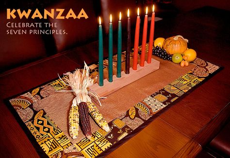 change the fabric but keep the color tone and its thanksgiving Kwanzaa Table, Kwanzaa Decor, Kinara Kwanzaa, Habari Gani, Thanksgiving Colors, Kwanzaa Celebration, Kwanzaa Crafts, Kwanzaa Decorations, Kwanzaa Principles