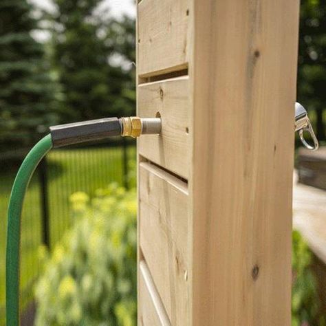 Provides a garden hose-ready connection to your outdoor shower. Outside Showers Diy, Outside Shower Ideas Backyards, Outside Shower Ideas, Shower Hardware, Sauna Ideas, Eastern White Cedar, Outside Showers, Diy Rack, Portable Hot Tub