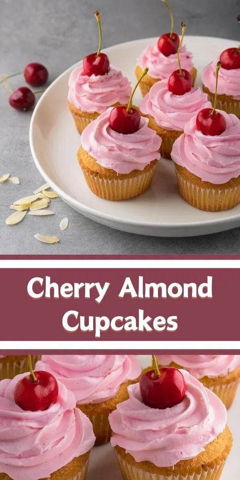 Cherry Almond Cupcakes Maraschino Cherry Cupcakes, Cherry Cupcakes Aesthetic, Chocolate Cherry Cupcake Recipes, Cherry Almond Cupcakes, Cherry Cupcakes Recipes, Cherry Chip Cake, Cherry Frosting, Almond Frosting, Infused Cupcakes