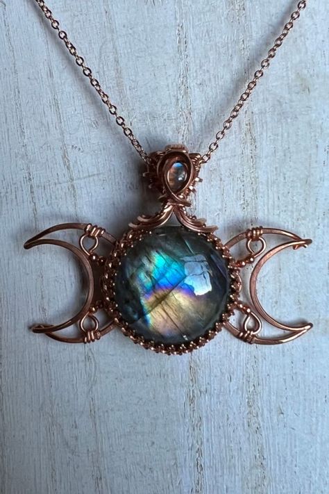 Labradorite Triple Moon Goddess pendant Triple Moon Jewelry, Celestial Moonstone Wire Wrapped Necklaces, Triple Moon Wire Wrap, Mystical Moonstone Wire Wrapped Necklace, Moonstone Wire Wrap Pendant, Moon Goddess Art, Different Gemstones, Wrapping Stones, Dnd Accessories