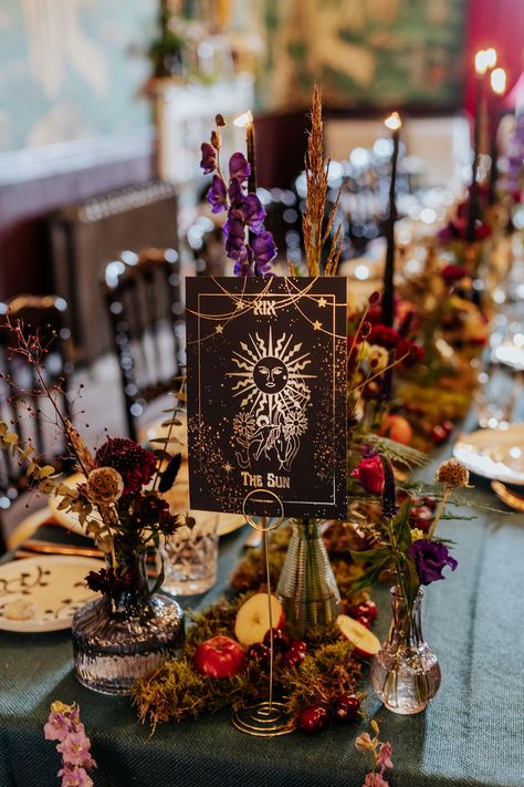 Starry Fall Wedding, Celestial Desert Wedding, Unique Wedding Colour Schemes, Celestial Wildflower Wedding, Witchy Wedding Reception, Gothic Woods Aesthetic, Pagan Wedding Centerpieces, Celestial Wedding Table Setting, Autumn Celestial Wedding