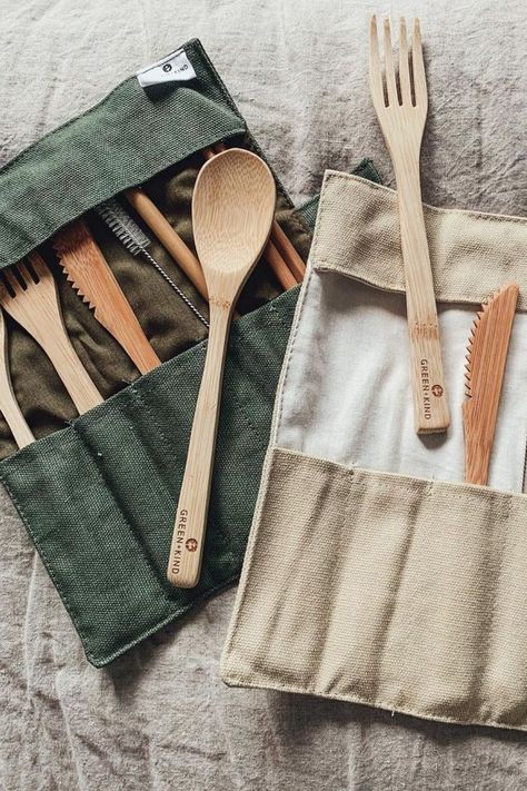 Natural, bamboo reusable cutlery to replace disposable cutlery. It includes a knife, fork, spoon, chopsticks, bamboo straw and cleaning brush. It comes in a handy Green + Kind roll-up pouch with press stud close. Reusable Utensils, Fork Spoon Knife, Bamboo Cutlery, Environmentally Friendly Living, Travel Utensils, Disposable Cutlery, Bamboo Utensils, Plastic Utensils, Straw Cleaner