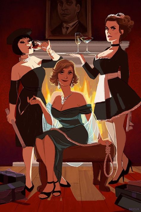 CLUE's femme fatales: Mrs. White, Ms. Scarlet and Yvette. Clue Costume, Clue Movie, Colleen Camp, Illustration Pop Art, Mystery Party, Long Periods, Cultura Pop, Sirens, Movie Art