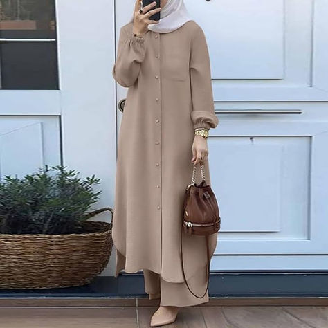 ODIZLI Women's Muslim 2 Pieces Sets Long Sleeve Button Down Shirt and Pants Abaya Casual Dress Dubai Outfits Office Abaya Work Outfits, Hijabi Pants Outfits, Casual Abaya Outfits, Abaya Casual, Ramadan Dubai, Abaya Outfits, Islamic Wear, Dubai Outfits, Casual Hijab