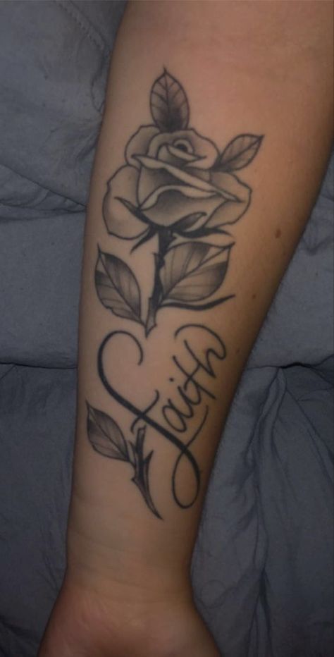 Rose And Faith Tattoo, Faith Forearm Tattoo Women, Faith Rose Tattoo, Rose Arm Tattoos For Women, Rose Forearm Tattoo, Jr Tattoo, Name Tattoos On Arm, Memorial Tattoo Ideas, Arm Tattoos Drawing