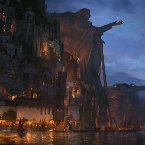 Port City Fantasy Art, Location Inspiration, Landscape Concept, Stone Statues, Gambar Figur, Fantasy City, Fantasy Castle, Fantasy Setting, Fantasy Places