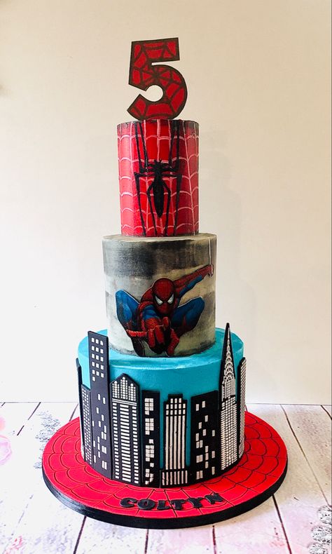 Spiderman Tier Cake, Two Tier Spiderman Cake, Spiderman Decor, Bob The Builder Cake, Building Cake, Spiderman Decorations, Spider Man Cake, Baby Reveal Cakes, Spiderman Cake Topper