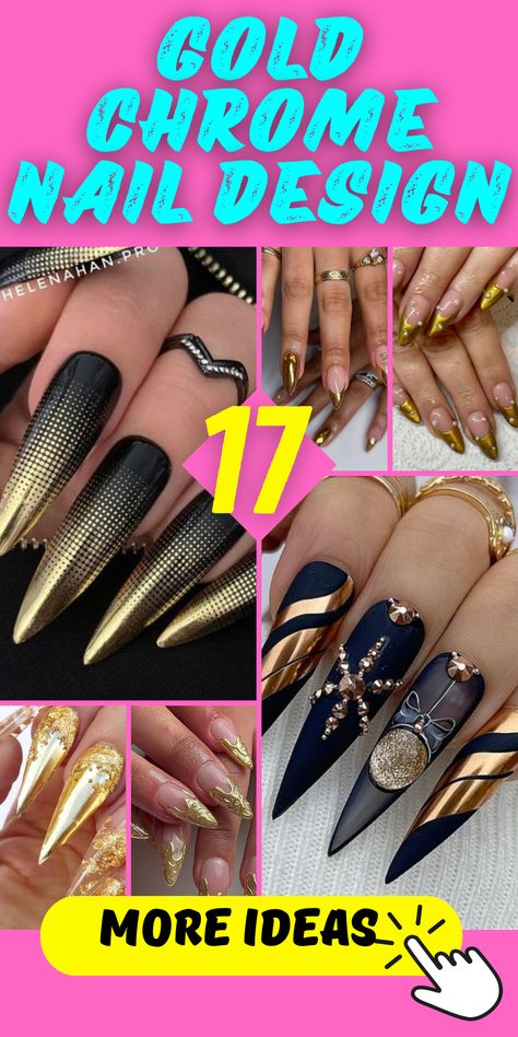 Transform your nails into a captivating masterpiece with the allure of gold chrome nails. Regardless of whether you favor shorter lengths or indulge in luxuriously long nails, these designs offer an avenue for self-expression. Experiment with diverse nail shapes, from the graceful stiletto to the classic round, and elevate your nail game with the radiant shimmer of gold chrome. Black And Gold Chrome Nails Designs, Nude And Chrome Nails, Black And Gold Chrome Nails, Gold Chrome Nails Designs, Nail Ideas Gold, Holographic Chrome Nails, Chrome Stiletto Nails, Chrome Nail Design, Chrome Manicure