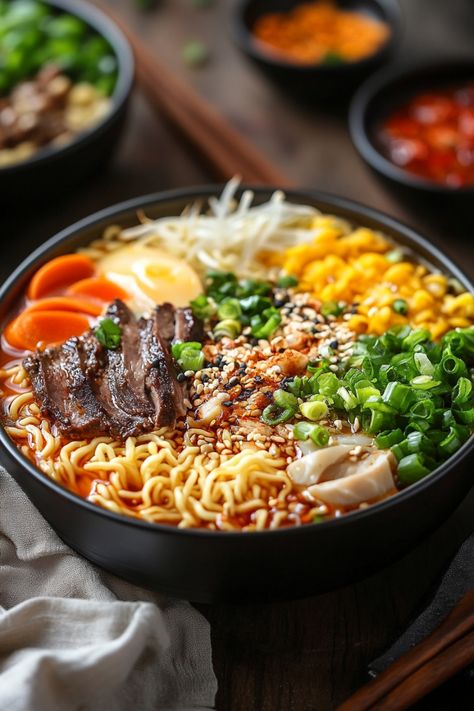 Bowl of ramen with sliced beef, boiled egg, corn, sliced carrots, green onions, bean sprouts, and seasoning. Steak Ramen Noodle Recipes Soup, Asian Ramen Soup, Cup Ramen Recipes, Ramen Ideas Instant, Authentic Ramen Recipes Japanese Food, Ramen Bar Ideas, Ramen Soup Recipes Easy, Spicy Ramen Recipes, Healthy Ramen Soup