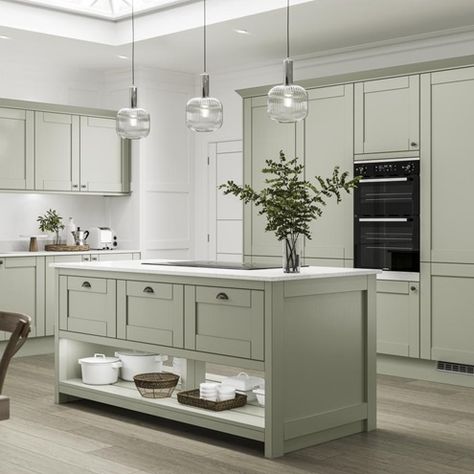 Light Green Kitchen, Green Kitchens, Howdens Kitchens, Sage Kitchen, Fitted Kitchens, Sage Green Kitchen, Open Plan Kitchen Dining, Green Kitchen Cabinets, Wall Units