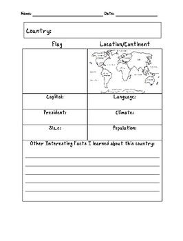 BLANK COUNTRY FACT SHEET by Interactive Printables | TpT Country Fact Sheet, The 7 Continents, Thankful Activities, Emotional Activities, Animal Activities For Kids, Geography Worksheets, Social Emotional Activities, Homeschool Geography, Country Facts