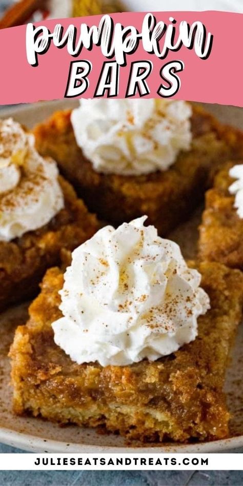 These Pumpkin Bars are a quick and delicious dessert. They start with a cake mix crust, filled with creamy pumpkin and topped with a cake mix streusel. They are perfect for fall parties or just because. #pumpkin #recipe Easy Pumpkin Desserts, Pumpkin Dessert Bars, Desserts For Thanksgiving, Pumpkin Bar, Easy Pumpkin Dessert, Pumpkin Cheesecake Bars, Fall Parties, Pumpkin Pie Bars, Pumpkin Recipe