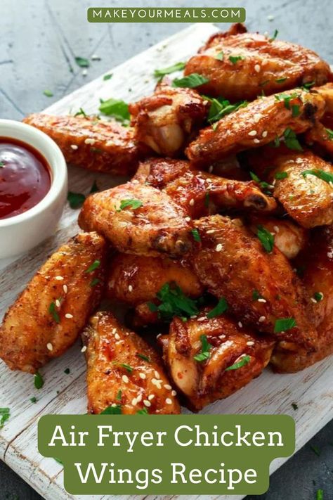 Air Fryer Chicken Wings – they turn out perfect every time, even with you start with frozen chicken wings! From makeyourmeals.com. Air Fryer Chicken Wings Recipe, Crispy Chicken Wings, Chicken Wings Recipe, Air Fryer Chicken Wings, Meat Appetizers, Wings Recipe, Wing Sauce, Air Fryer Healthy, Air Fryer Recipes Easy