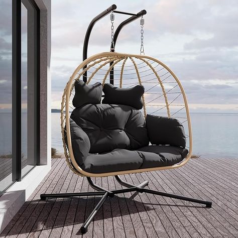 Amazon.com : Esmlada Double Indoor/Outdoor Wicker Swing Egg Chair Hammock Foldable Hanging Loveseat with Stand, UV Resistant Removable Cushions, 700LB Capacity for Bedroom, Balcony, Garden (Black and Beige) : Patio, Lawn & Garden Chair Hammock, Garden Picnic, Bedroom Balcony, Traditional Chairs, Hammock Chair, Outdoor Wicker, Yellow And Black, Egg Chair, Garden Chairs