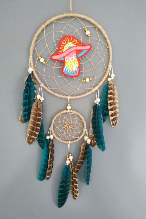 Trippy Wall Decor, Feathers Embroidery, Mushroom Wall Hanging, Wall Hanging Dream Catcher, Magical Mushroom, Trippy Wall, Feather Embroidery, Positive Mood, Bring Happiness