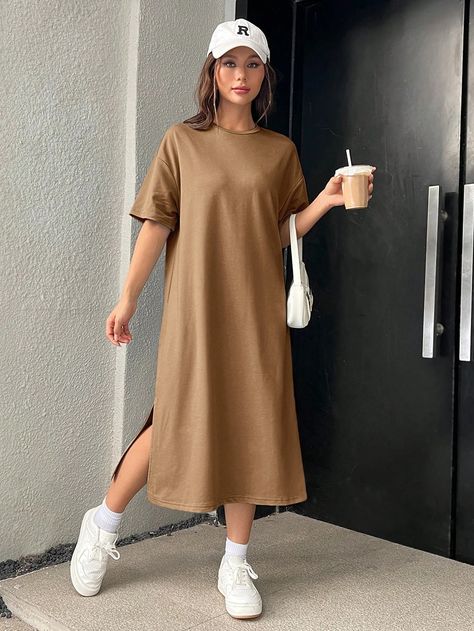 Canary Houze · Products · Mint Green Drop Shoulder Tee Dress with Split Hem · Shopify Camel Style, Dress With Split, Drop Shoulder Tee, Tees Pattern, Loose Fabric, Loose Shorts, Tee Dress, Split Hem, Green Fashion