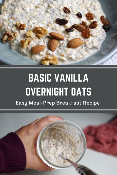 A bowl of vanilla overnight oats and a jar with basic overnight oats. Oat Chia Overnight, Chia Seed And Oats Overnight, Flax Seed Overnight Oats, Overnight Oats Healthy No Chia Seeds, Oatmeal And Chia Seeds Overnight Oats, Oats Yogurt Breakfast, Overnight Oats With Flax Seed, Chia Seed Oatmeal Overnight Oats, Overnight Oats With Yogurt And Chia