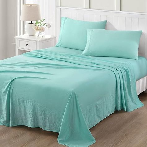 Amazon.com: MARTHA STEWART Ultra Soft Brushed and Washed Microfiber 4 Piece Sheet Set, Easy Care, Bed Sheets, Deep Pocket up to 16",1 Flat and 1 Fitted Sheet, 2 Standard Pillowcases, Queen Size, Aqua Turquoise : Home & Kitchen Bedding Style, Room Refresh, Sheet Sets Full, Comfy Bed, Aqua Turquoise, Sheet Sets Queen, Bed Styling, Martha Stewart, Flat Sheets